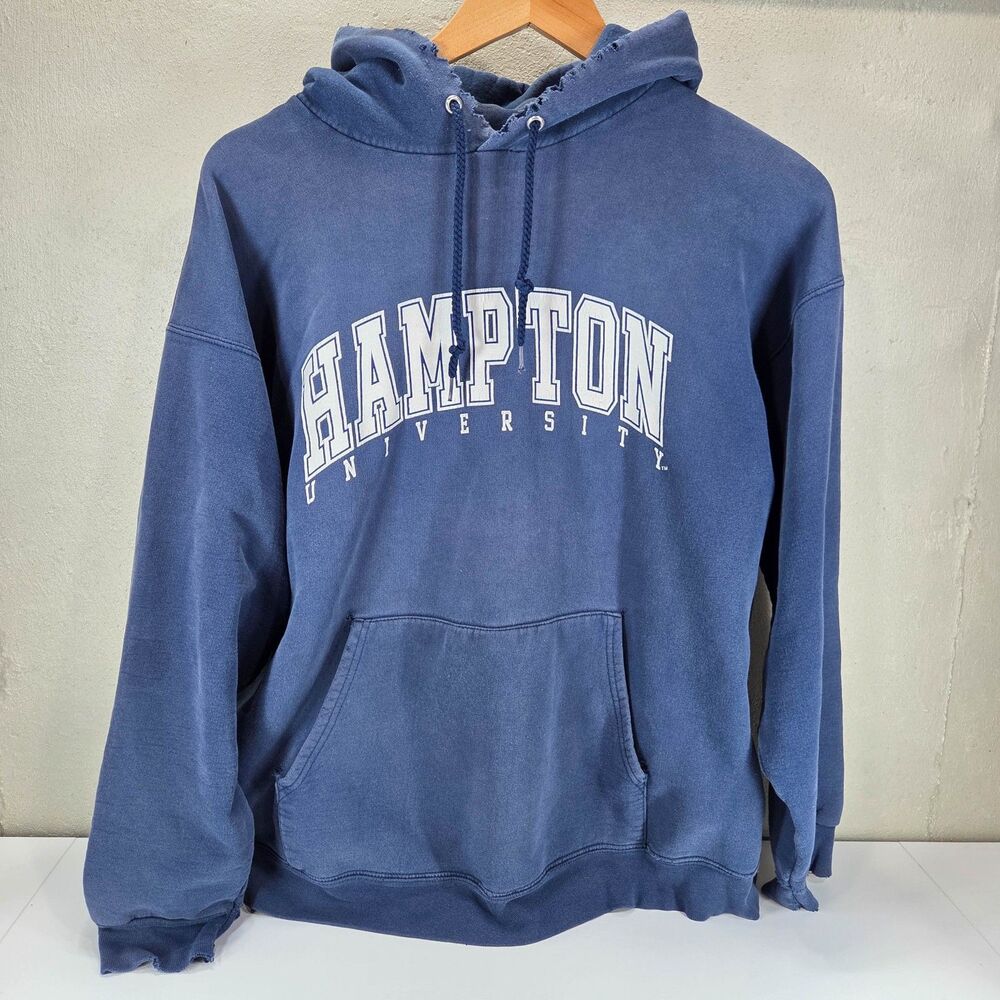 Vintage Y2K Hampton University Faded Blue Distressed College Hoodie Sz L